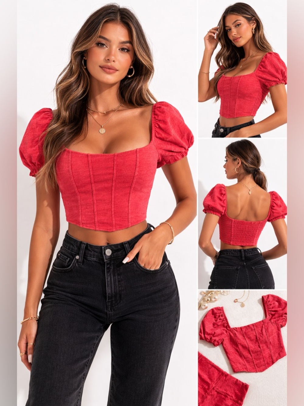 Kirious Corset Cropped Top, Puffy Sleeves, Size M